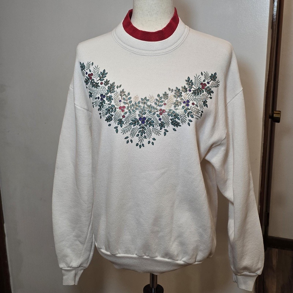 Womens 90s Vintage White Red Floral Grannycore Christmas Crewneck Sweatshirt M‎